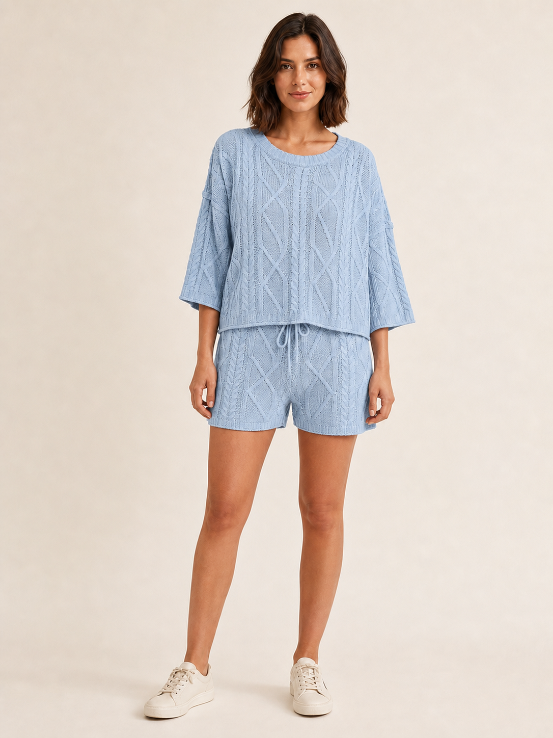 Women's powder blue openwork cable-knit top and shorts set