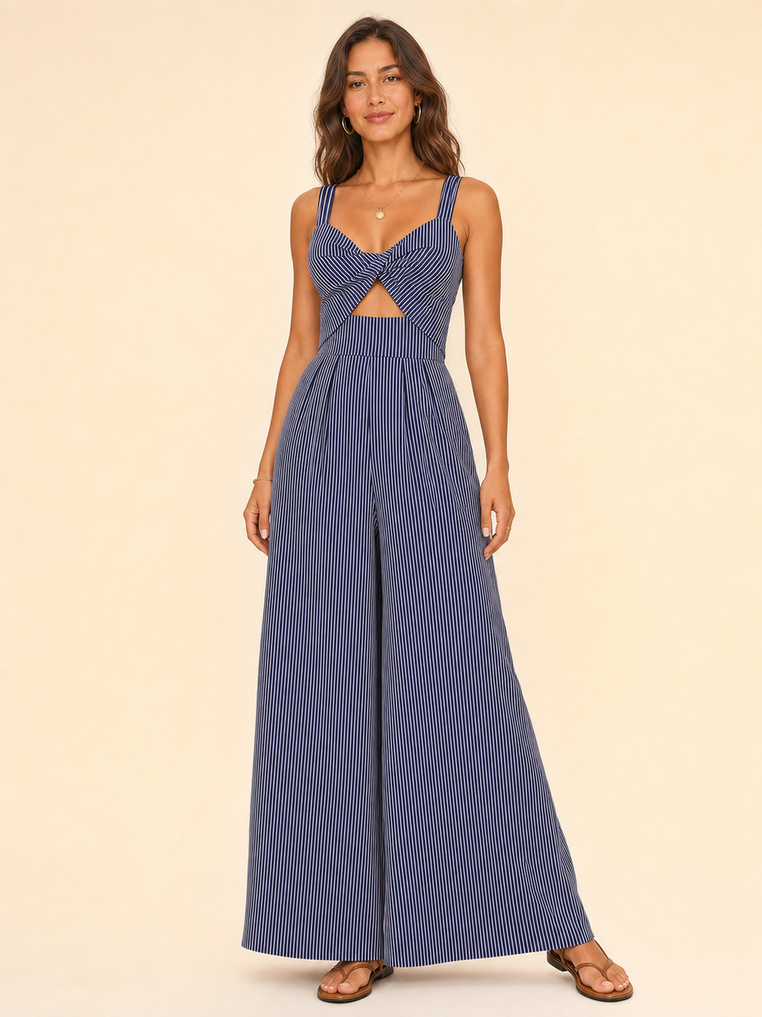 Women's navy and white striped wide-leg jumpsuit