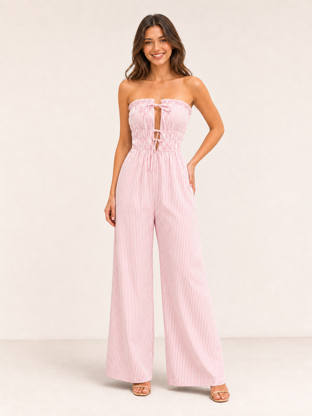 Women's pink and white striped strapless wide-leg jumpsuit