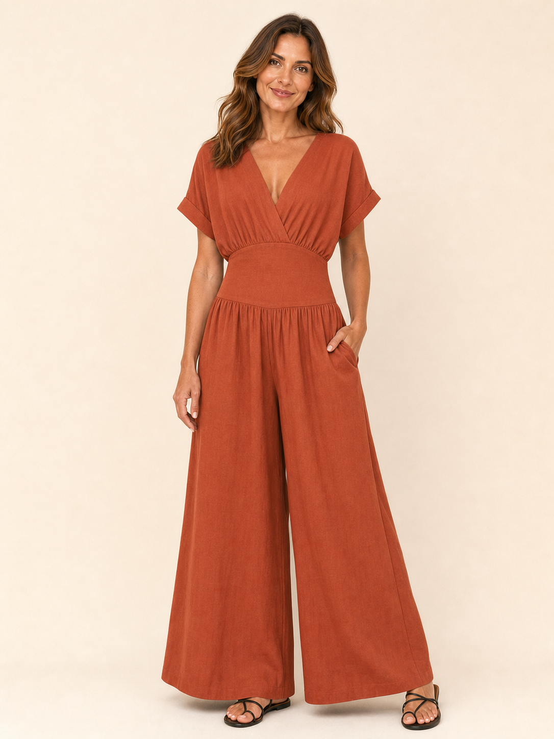 Women's rust surplice wide-leg jumpsuit