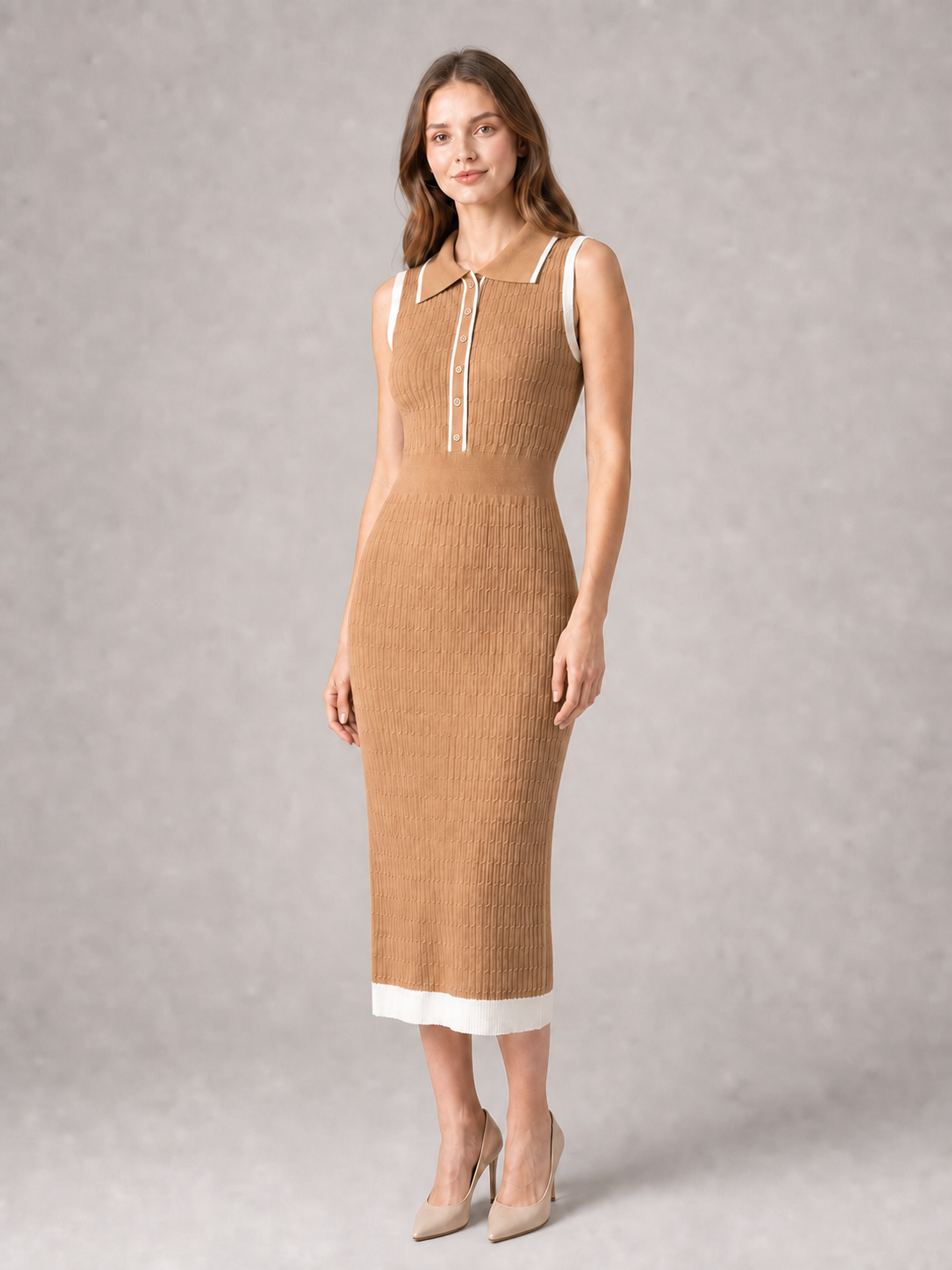 Women's camel and ivory sleeveless knit polo midi dress