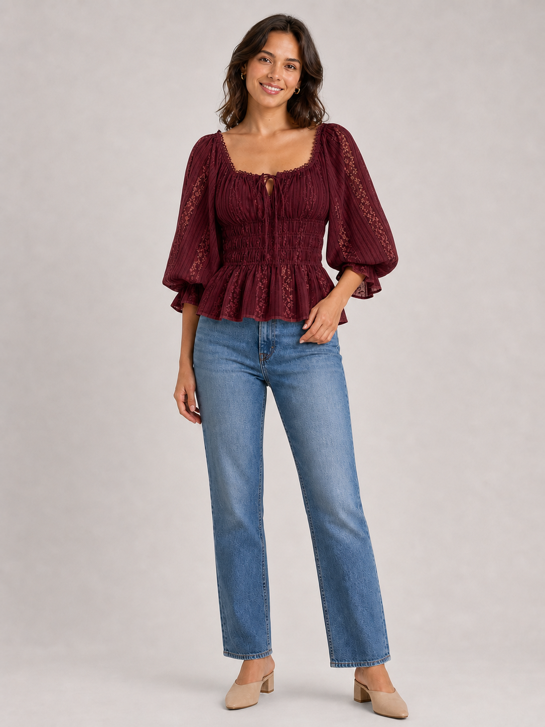 Women's burgundy square-neck smocked-waist lace blouse