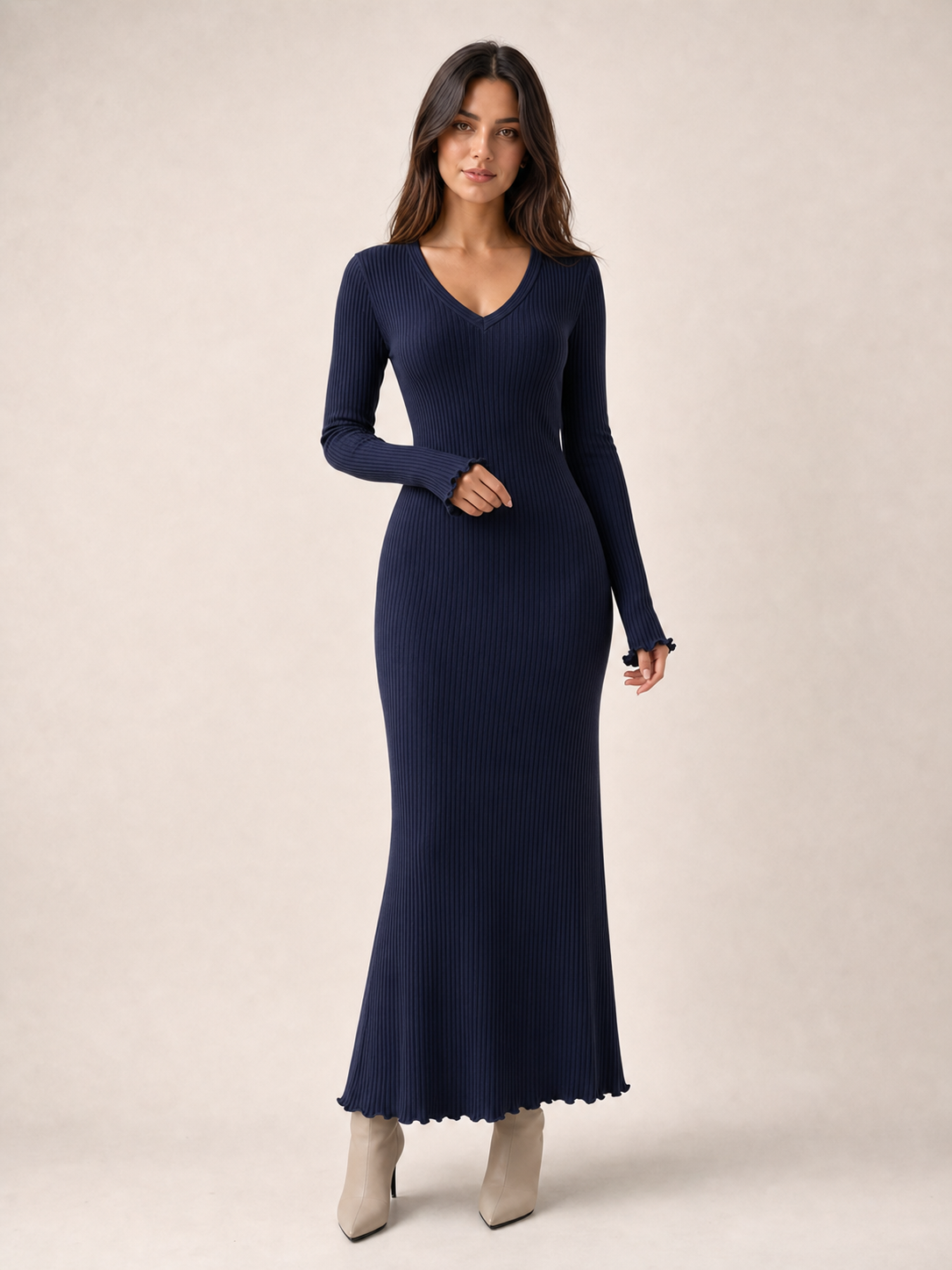 Women's deep navy ribbed V-neck fitted maxi dress