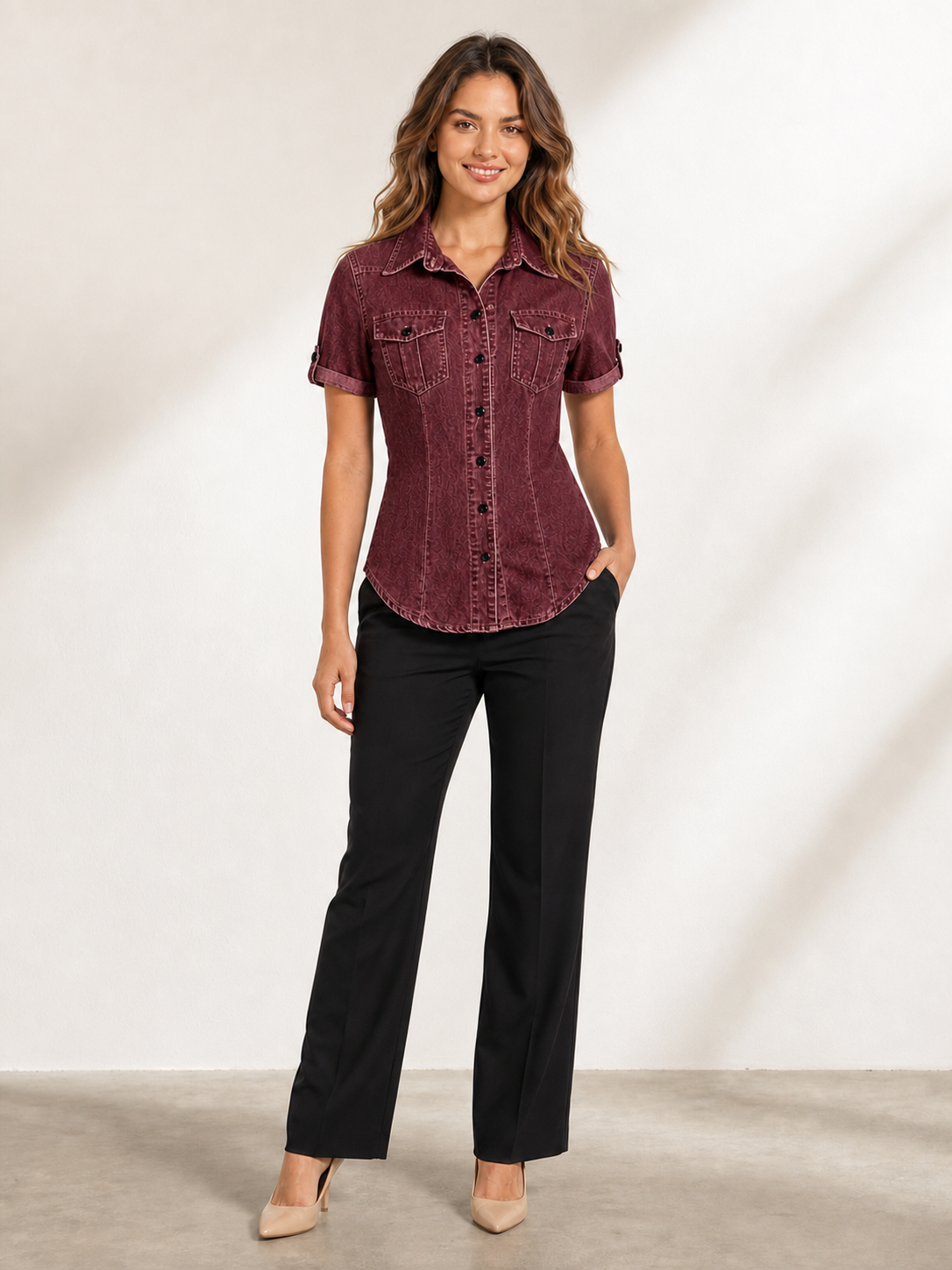 Women's burgundy washed denim fitted short-sleeve shirt