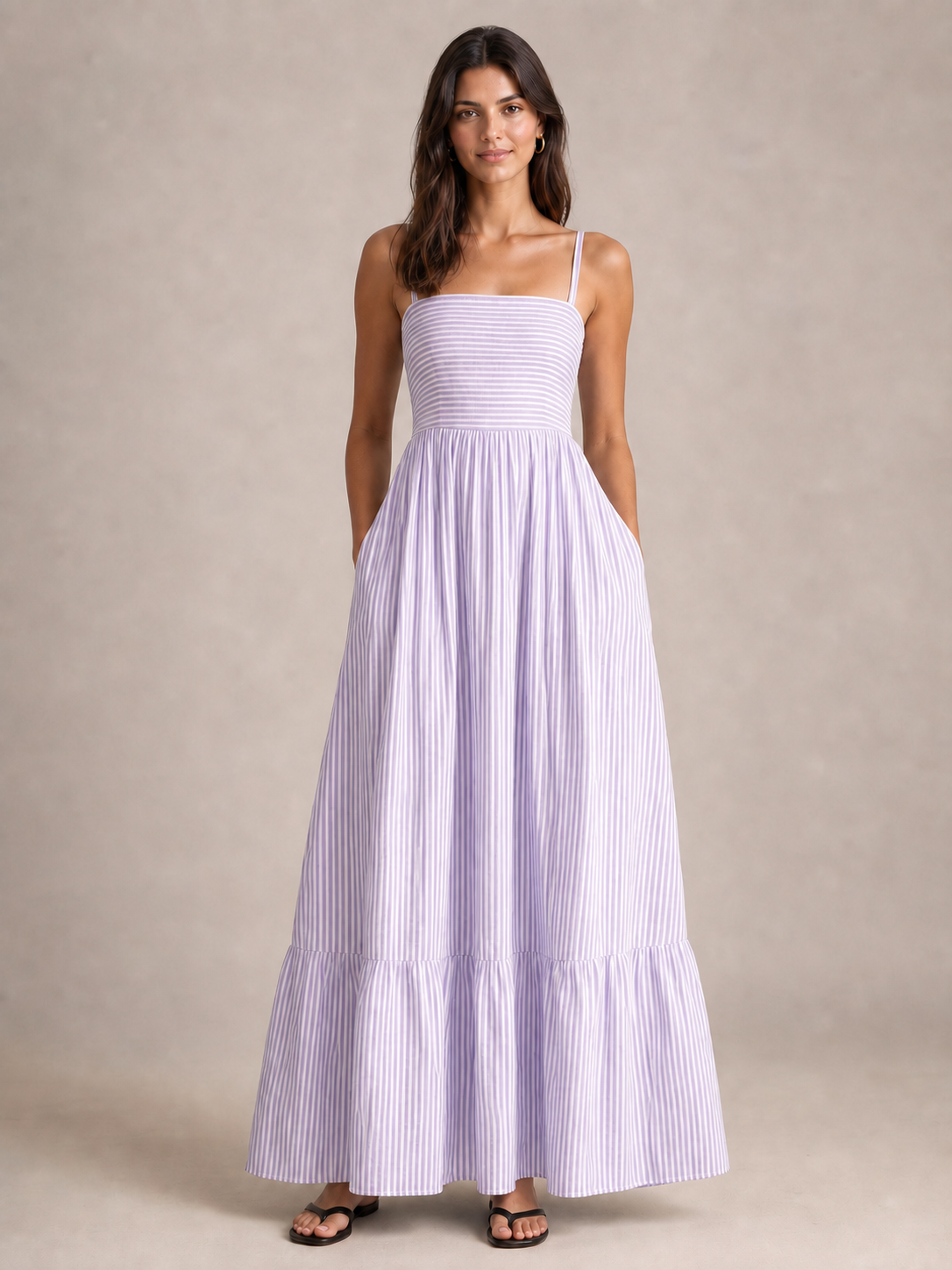 Women's lavender-white striped tiered maxi dress