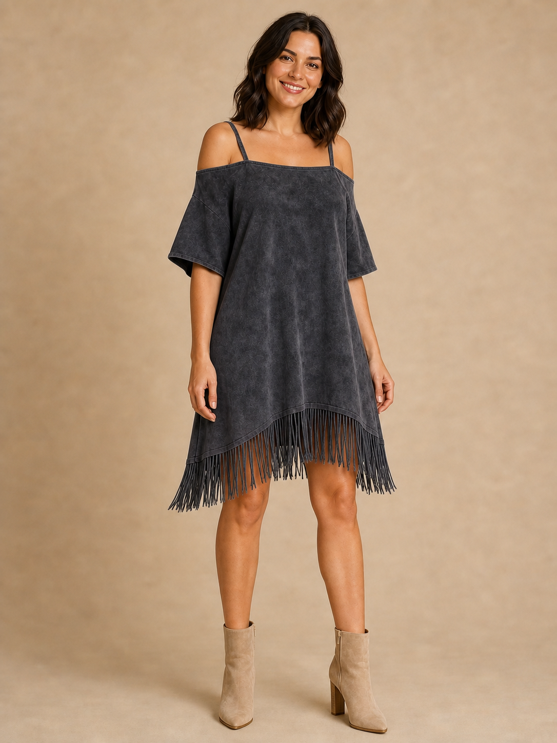 Women's charcoal gray washed cold shoulder fringe shift mini dress