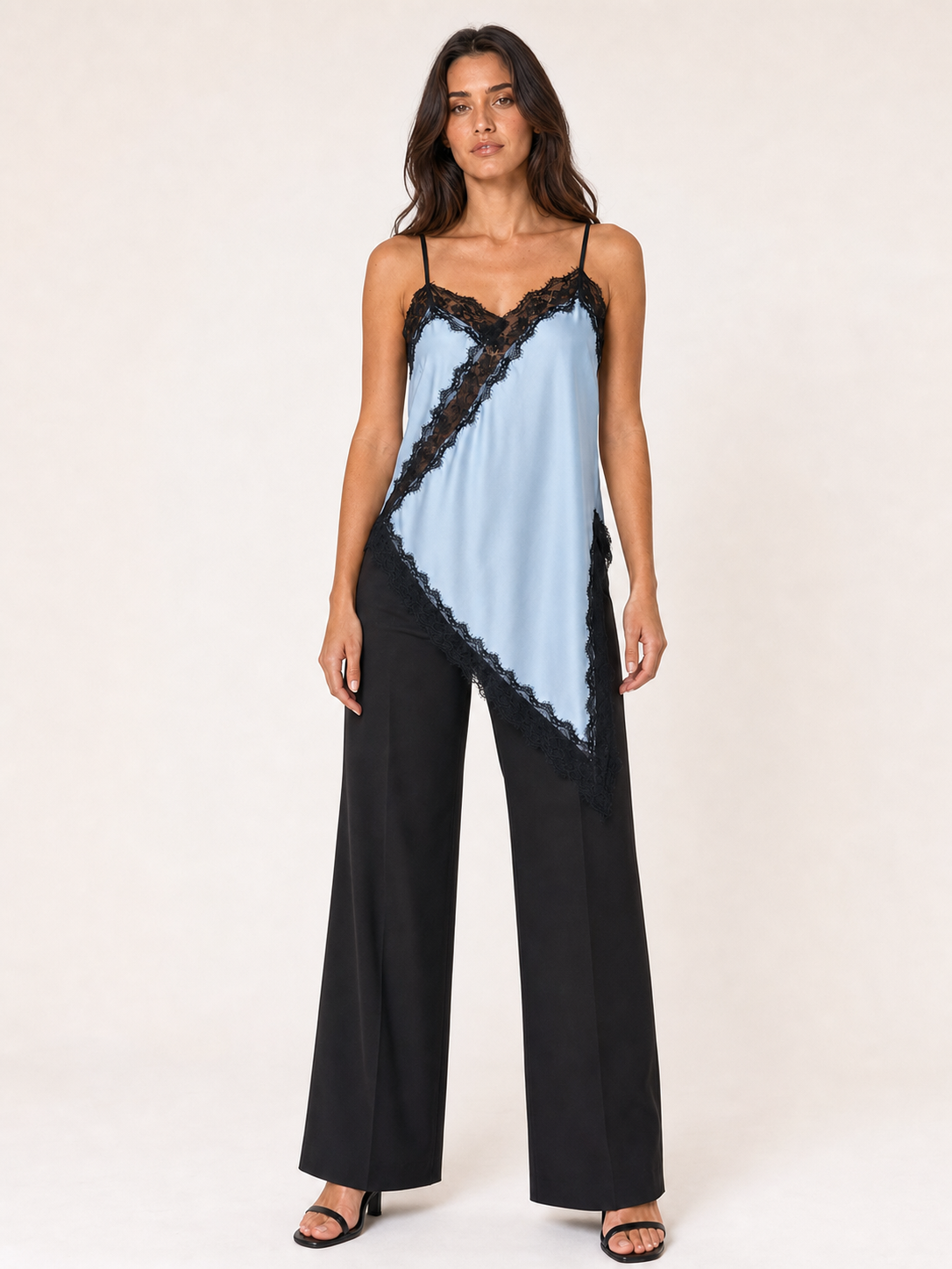 Women's powder blue camisole with black contrast lace