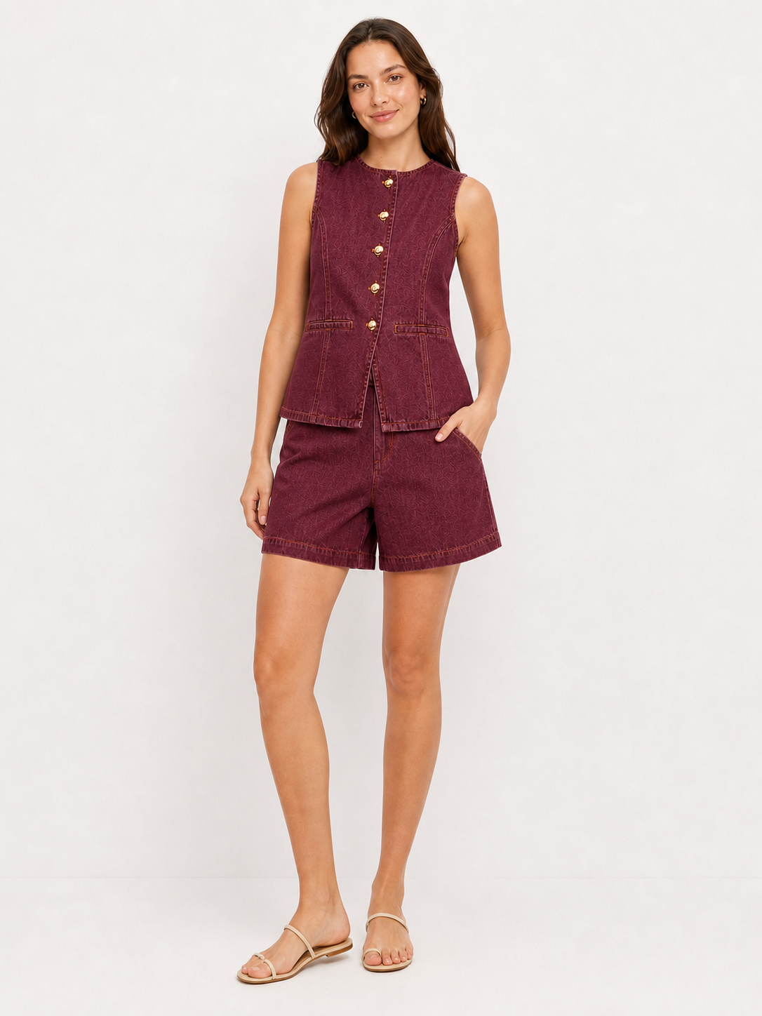 Women's burgundy denim sleeveless vest and shorts set