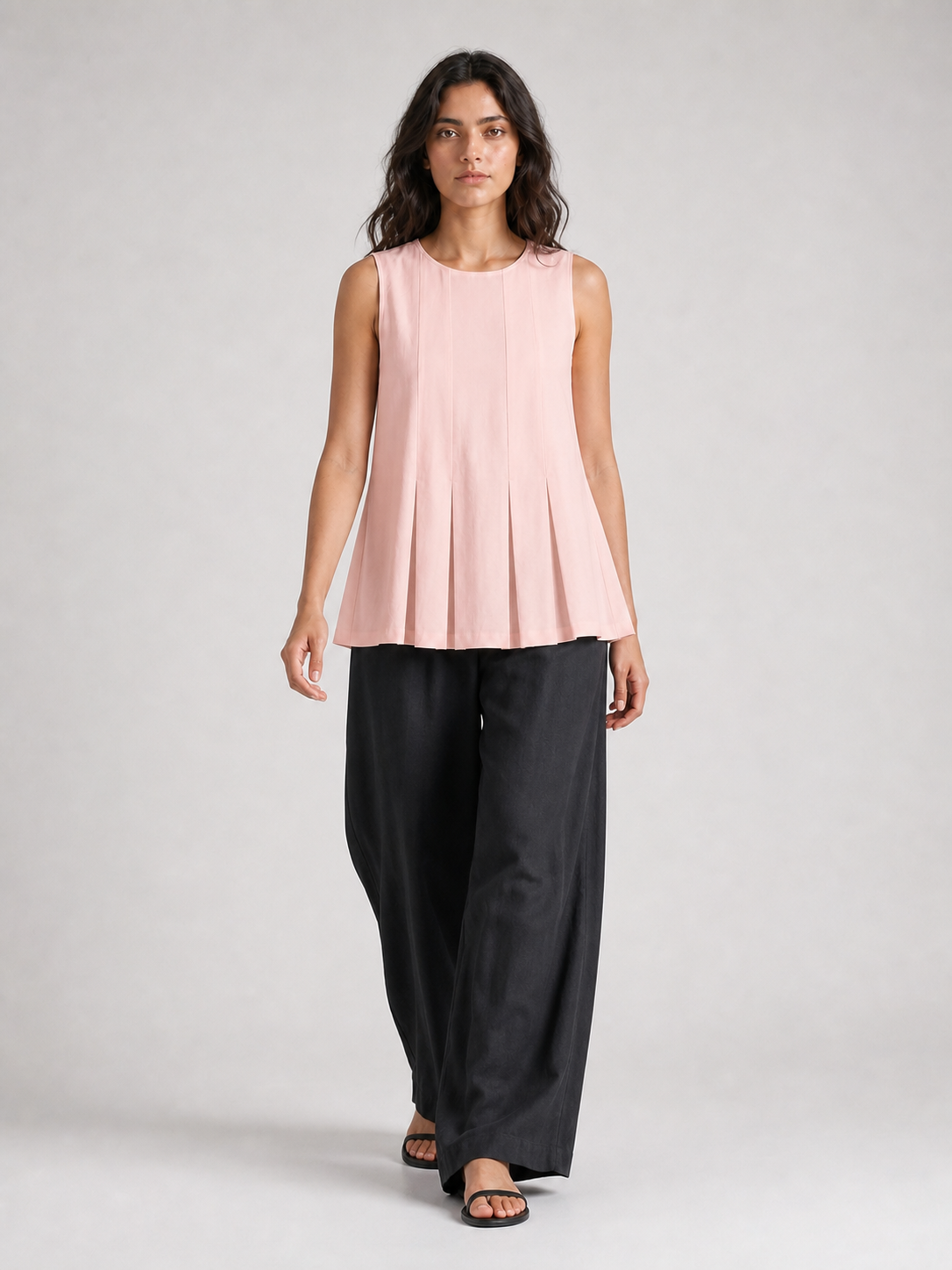 Women's blush pink pleated sleeveless A-line top