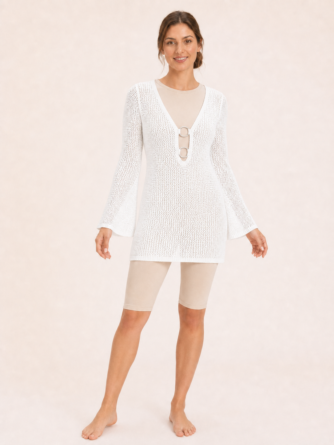 Women's white double-ring open-knit cover-up