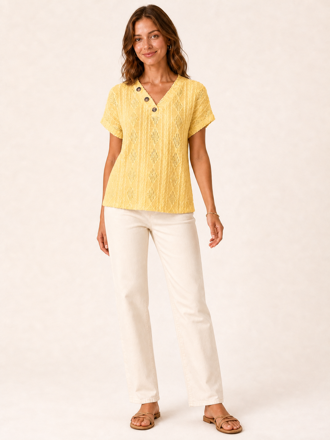 Women's openwork three-button top in butter yellow