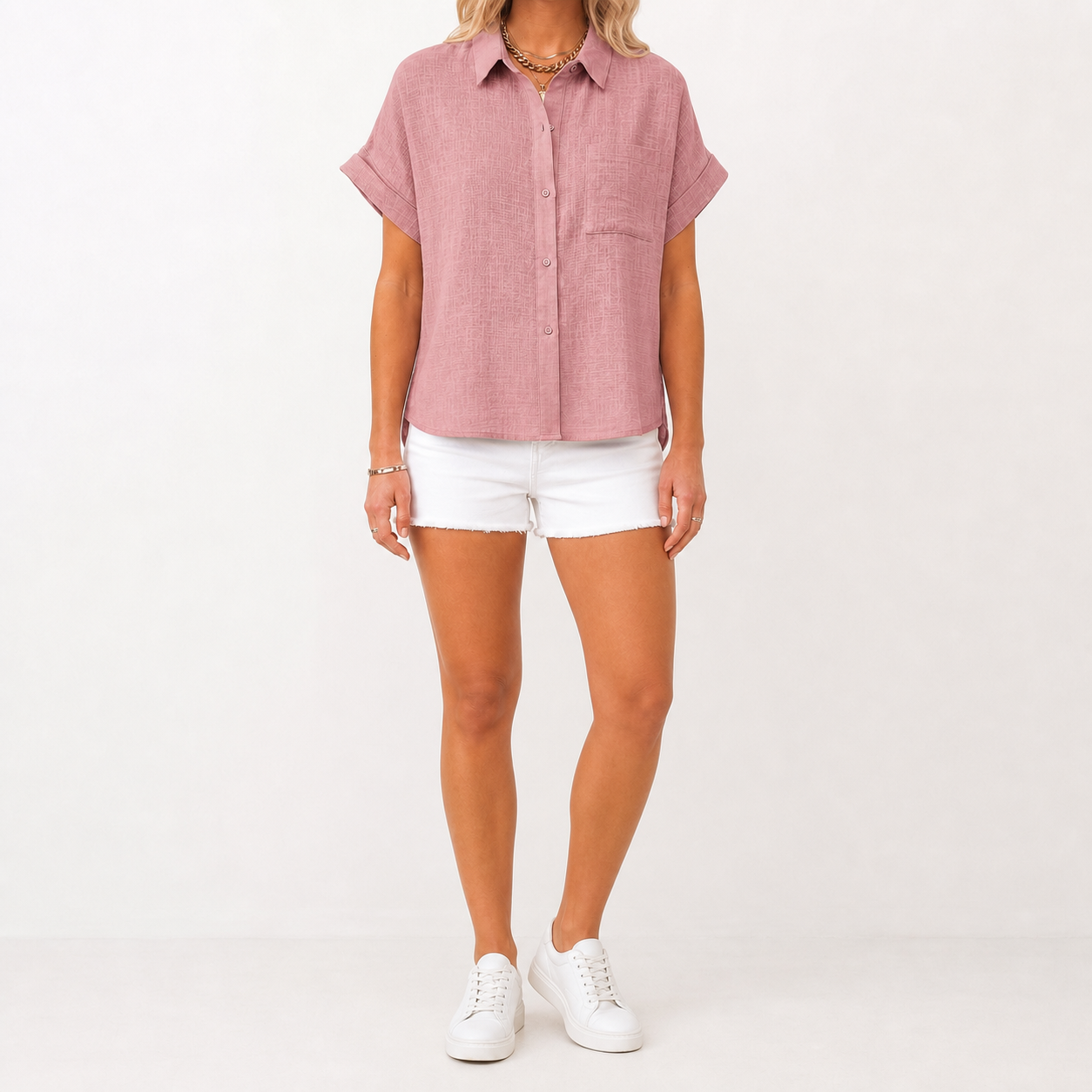Dusty rose women's textured short-sleeve button shirt