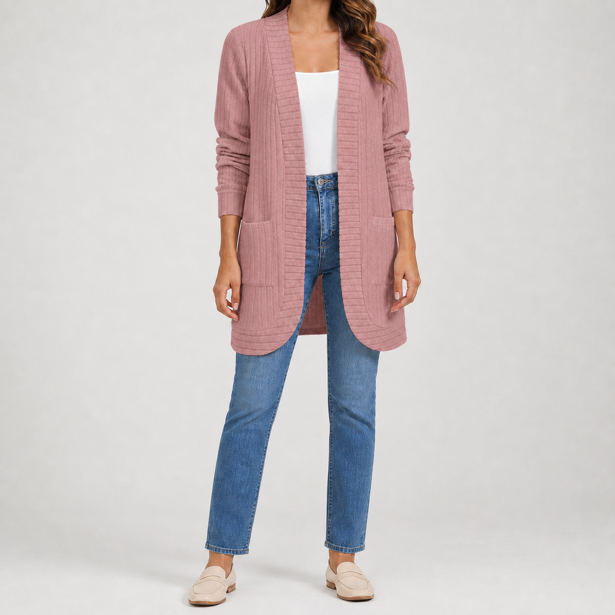 Dusty rose women's ribbed open-front long cardigan