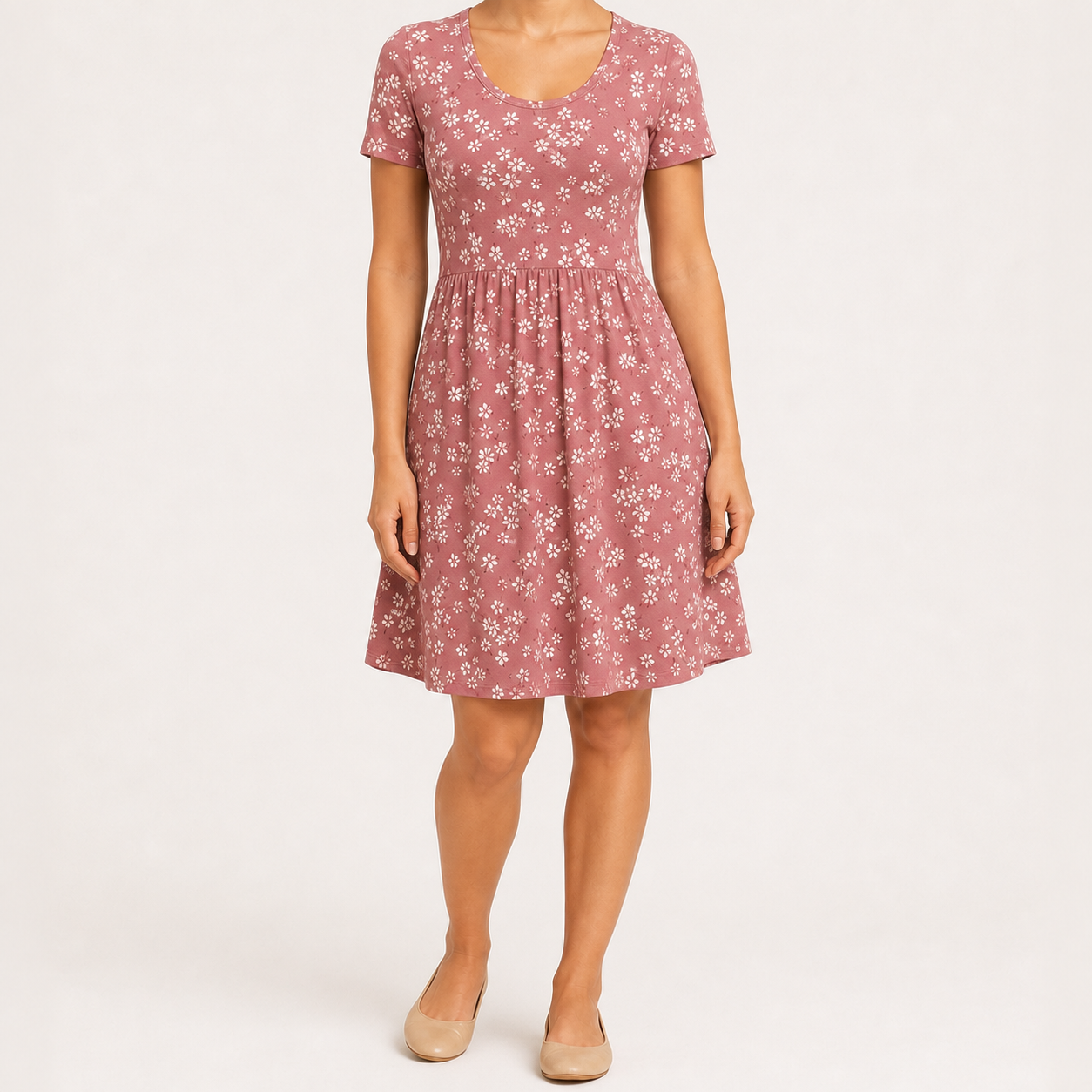Dusty rose floral scoop neck pocket dress