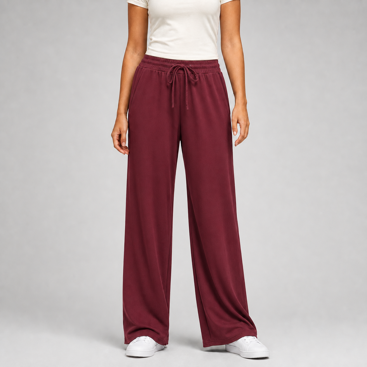 Burgundy women's drawstring wide-leg pants