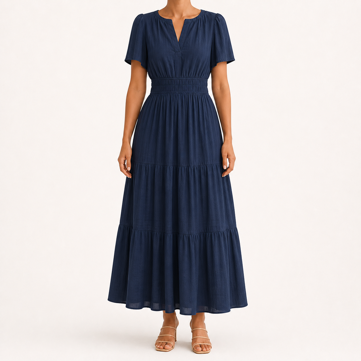 Women's deep navy smocked-waist tiered maxi dress