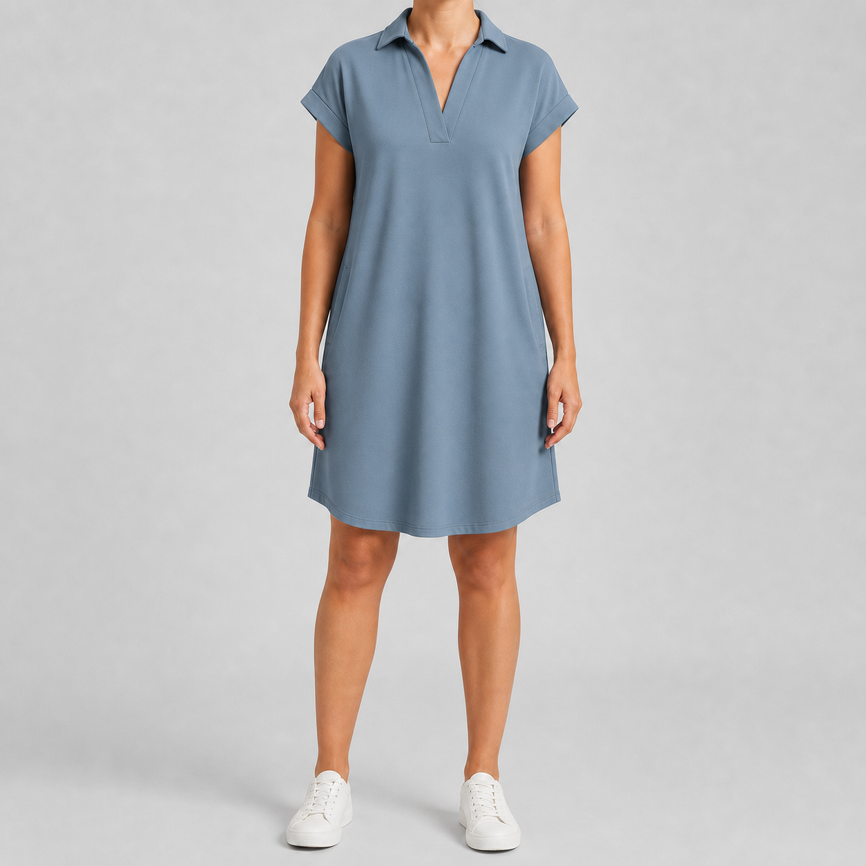 Dusty blue women's collared short-sleeve pocket dress