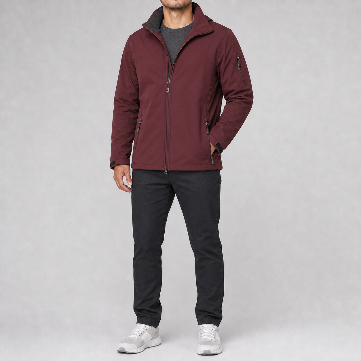 Burgundy men's hooded full-zip softshell jacket