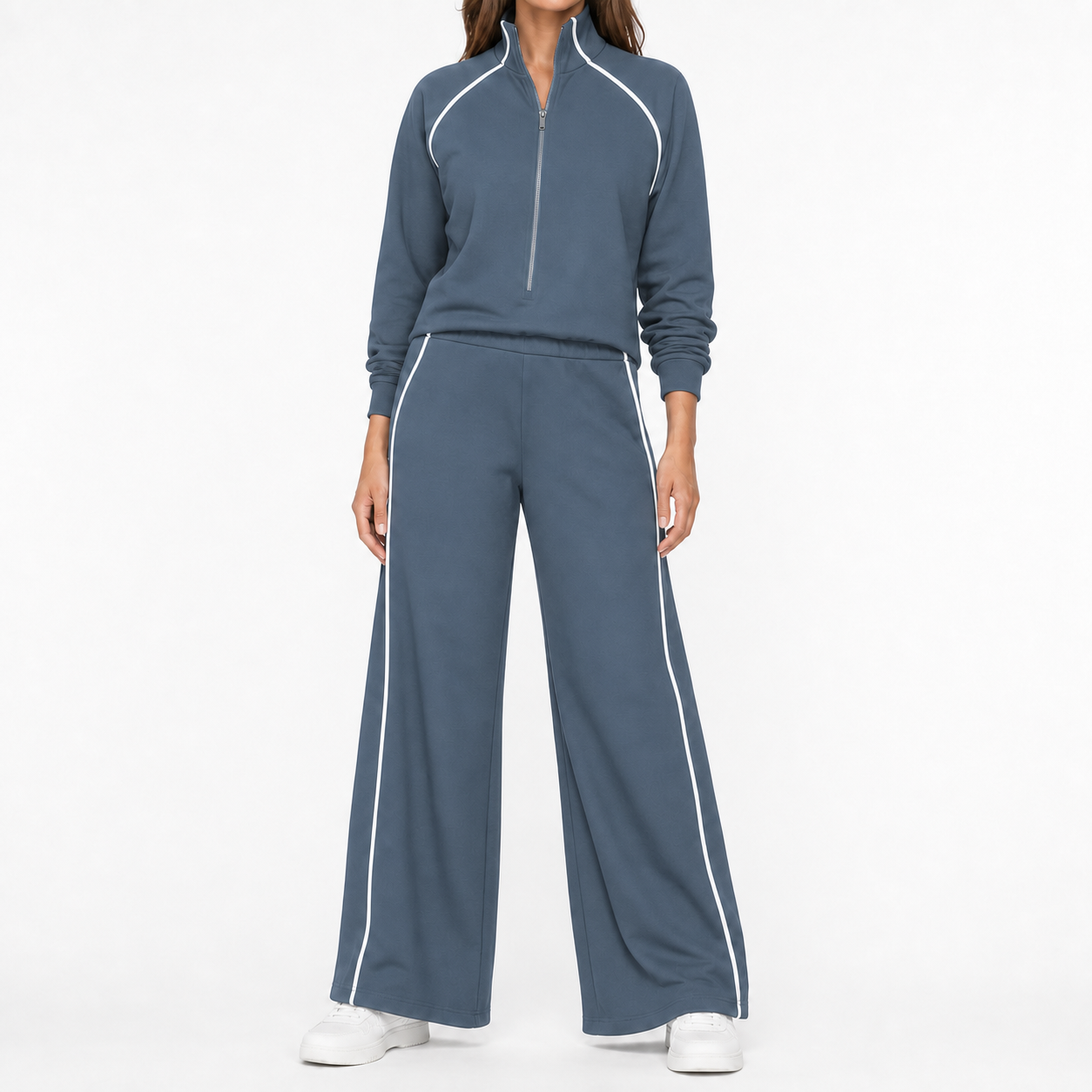 Steel blue women's piped quarter-zip wide-leg set