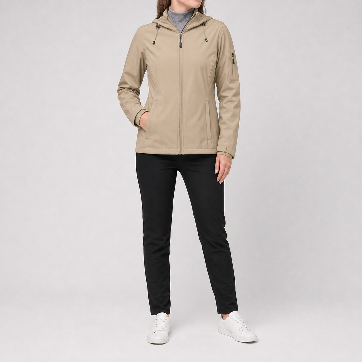 Warm beige women's lightweight hooded full-zip rain jacket
