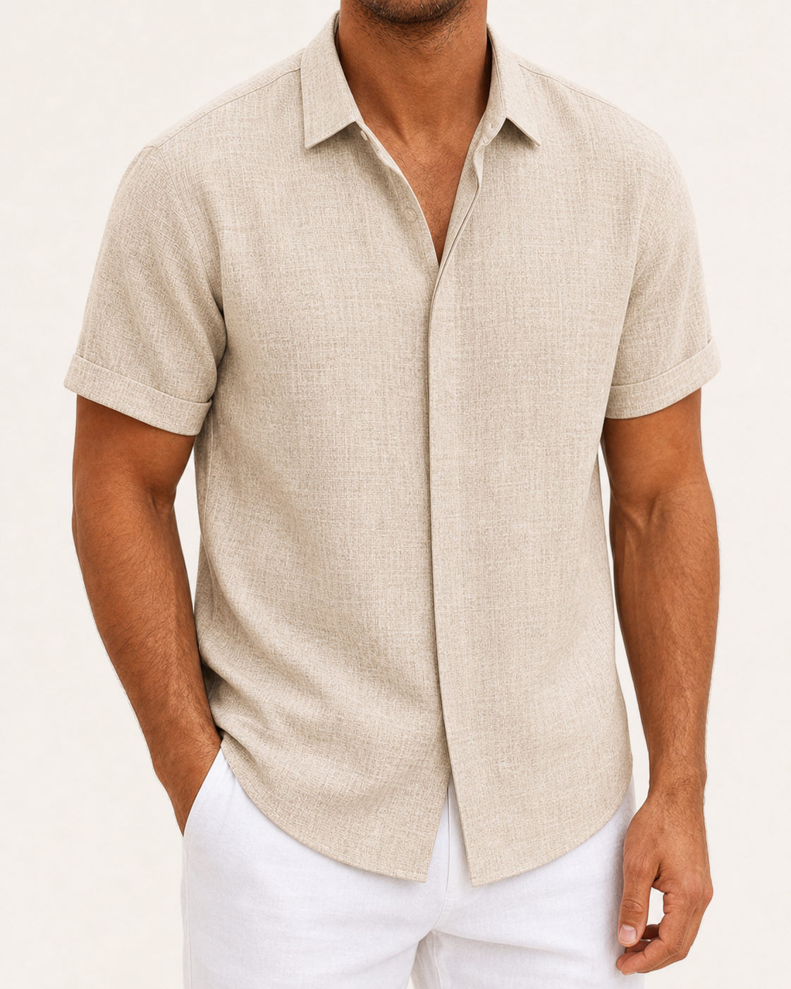 Sand beige men's textured short-sleeve shirt