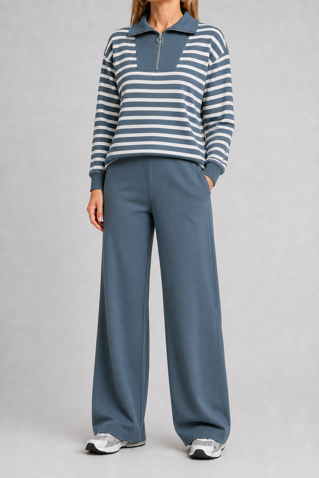 Steel blue stripe women's quarter-zip wide-leg set
