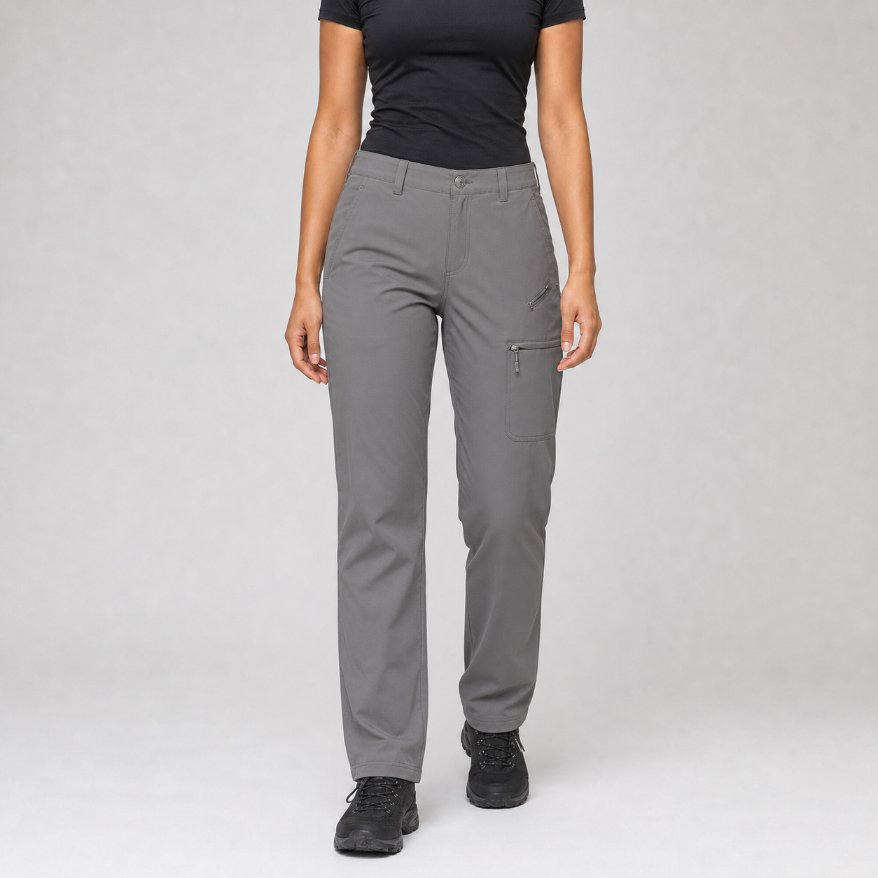 Stone gray women's straight-leg cargo hiking pants