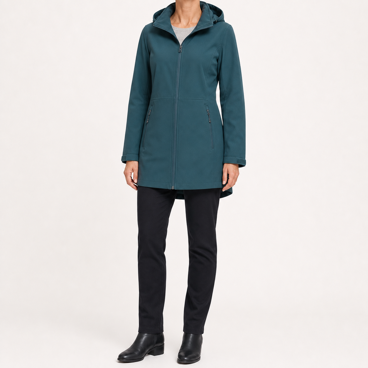 Deep teal women's hooded mid-length zip jacket