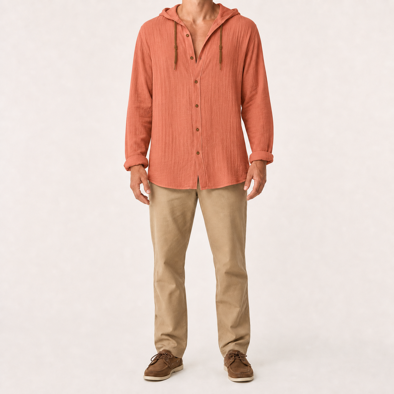 Men's hooded button shirt in coral terracotta