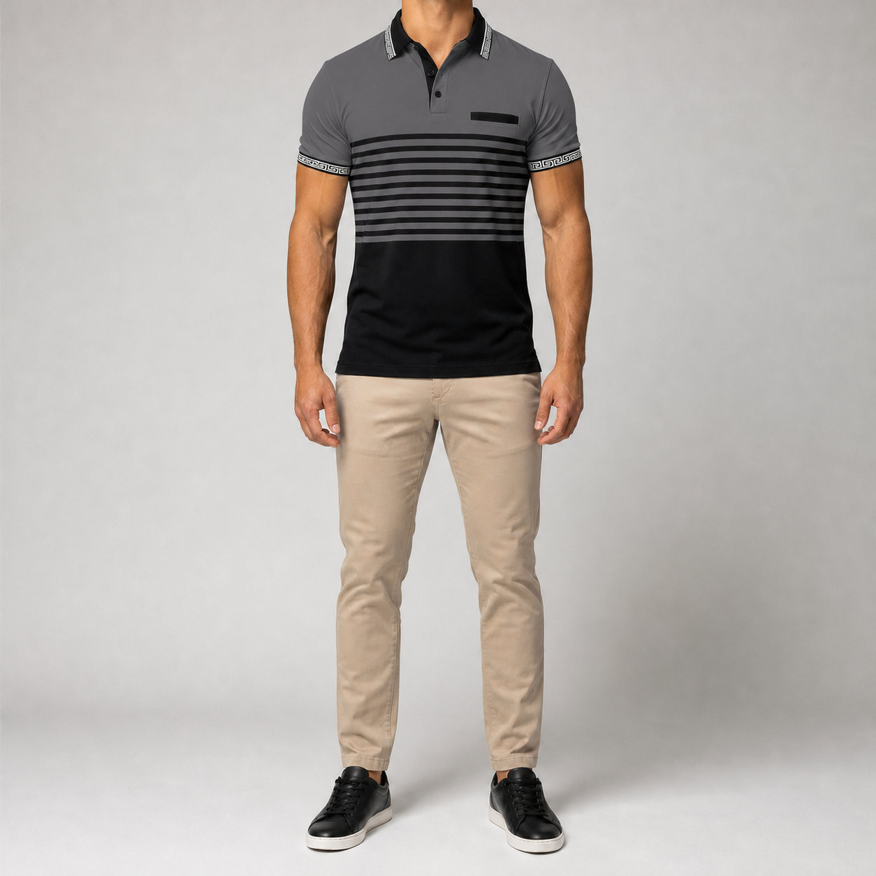 Men's charcoal and black striped polo