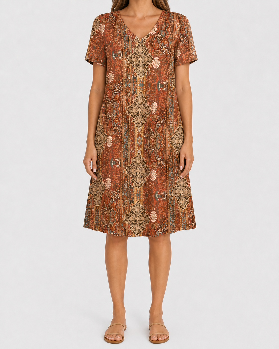 Terracotta ornamental print pocket dress