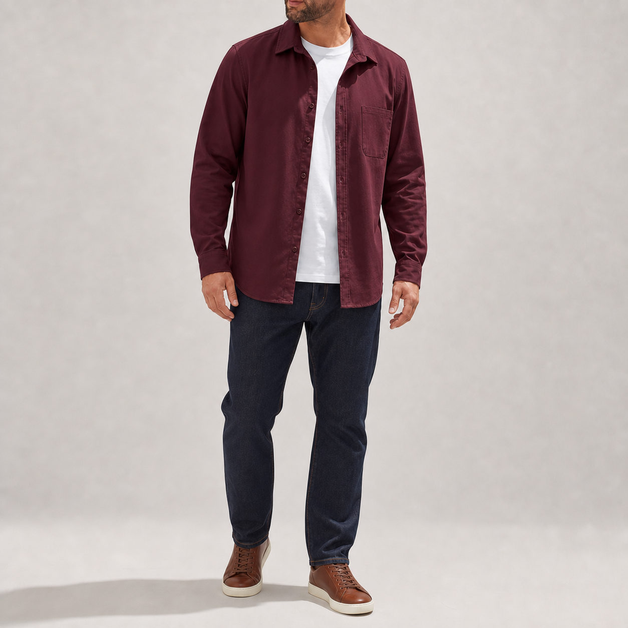 Burgundy men's single-pocket long-sleeve overshirt