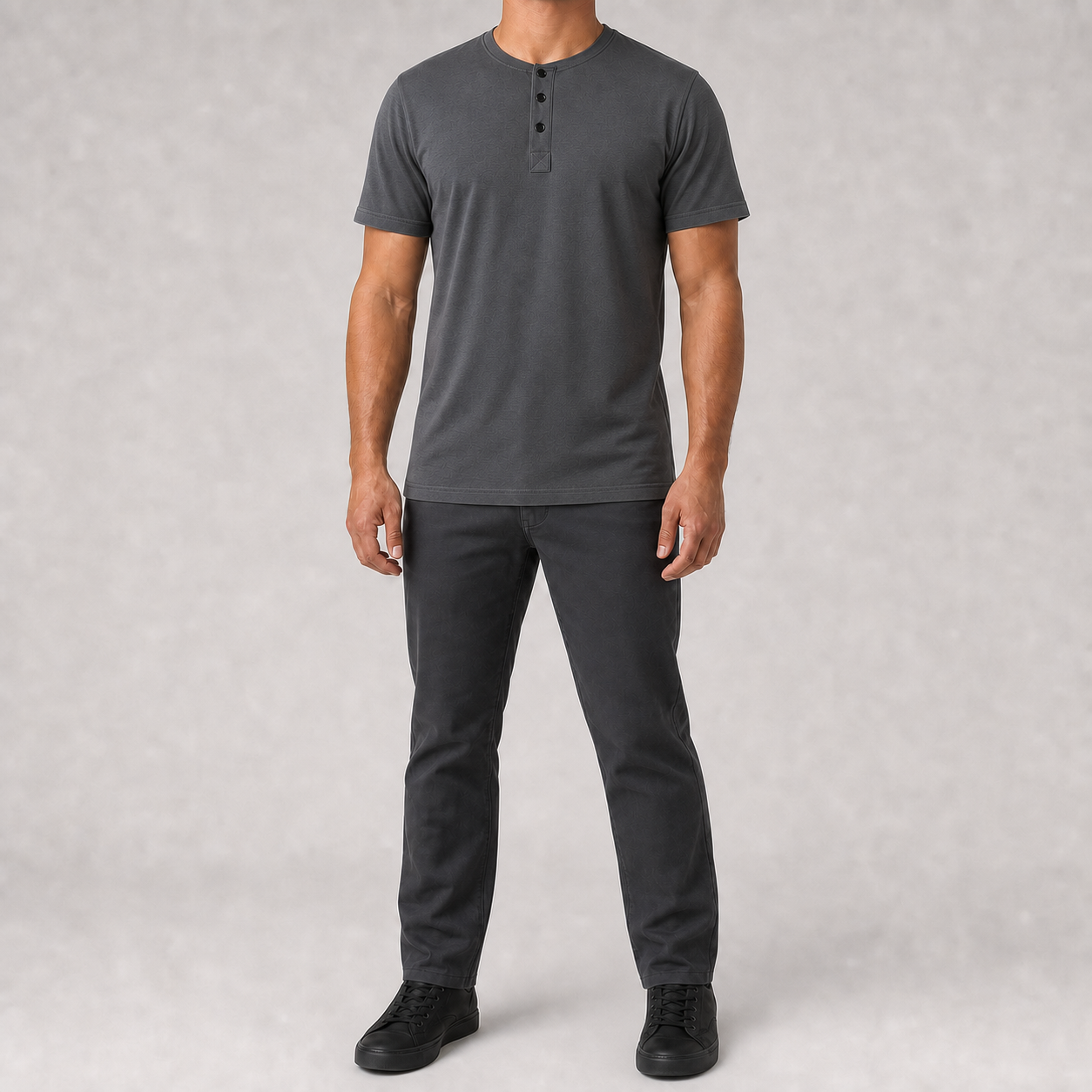 Men's charcoal textured short sleeve Henley