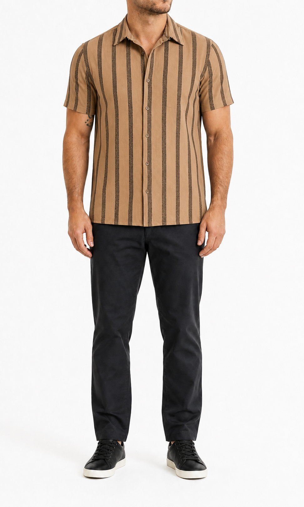 Warm tan striped men's short-sleeve shirt