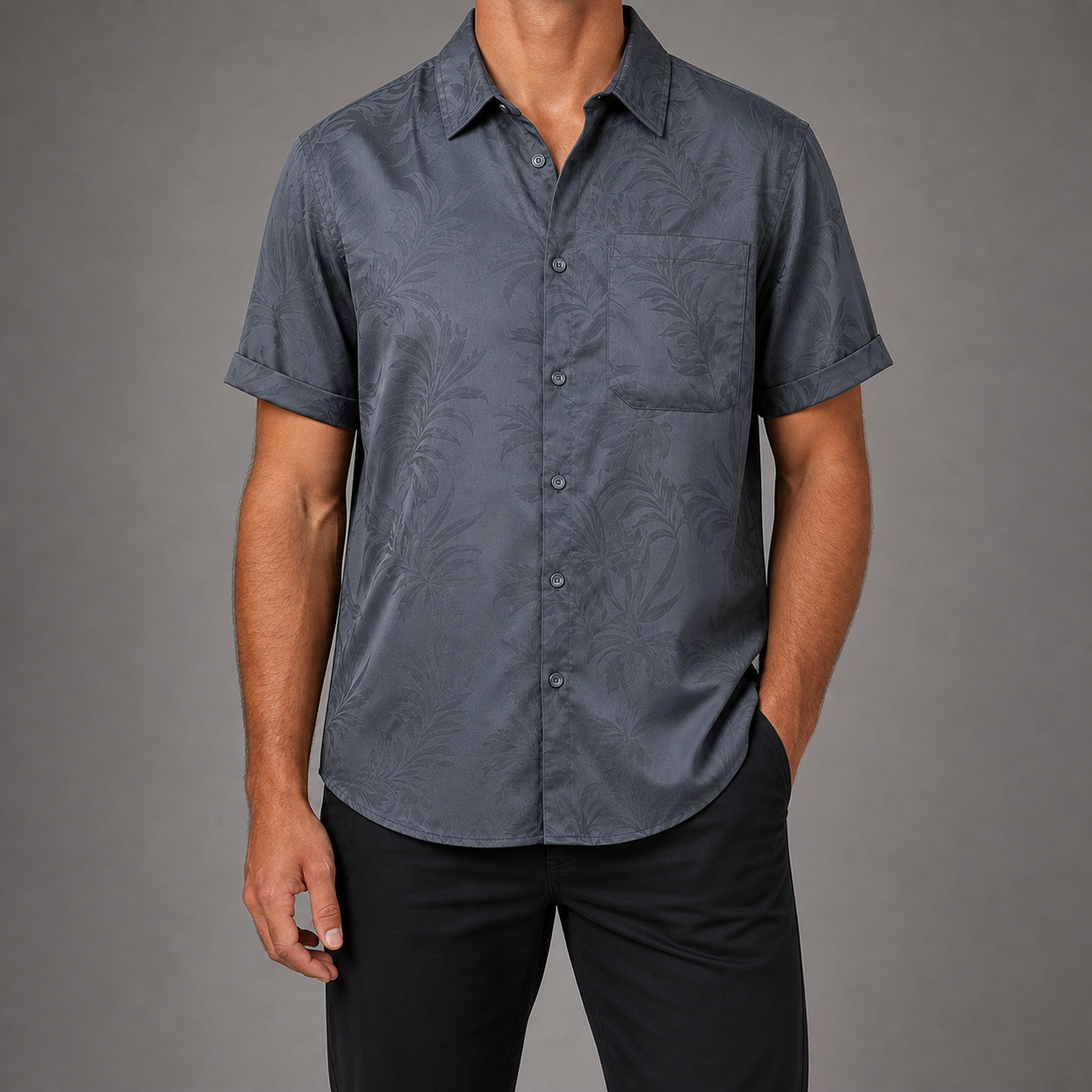 Slate gray tonal floral jacquard shirt