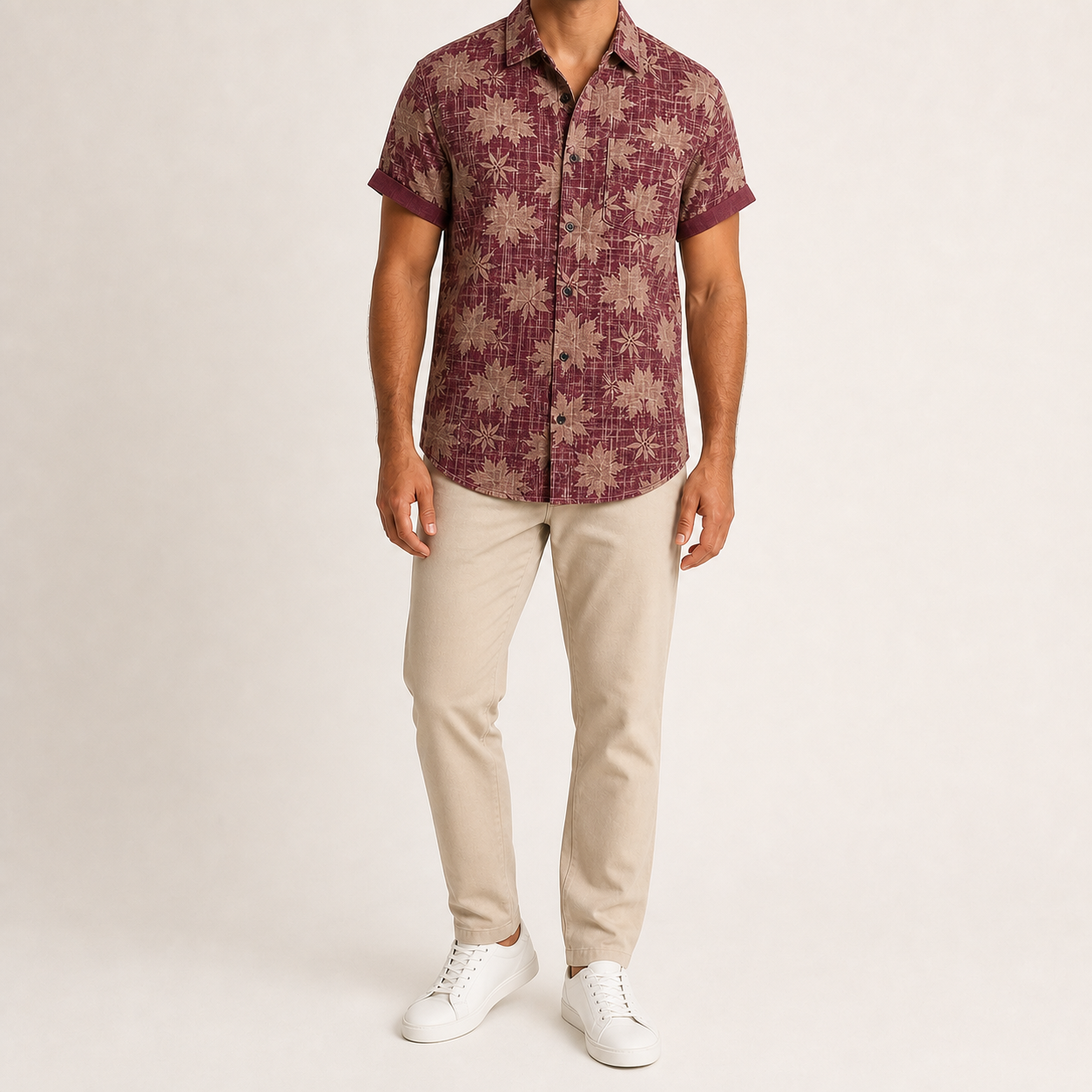 Men's burgundy floral camp collar shirt