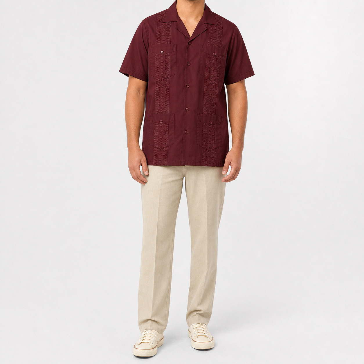 Burgundy men's four-pocket short-sleeve guayabera shirt