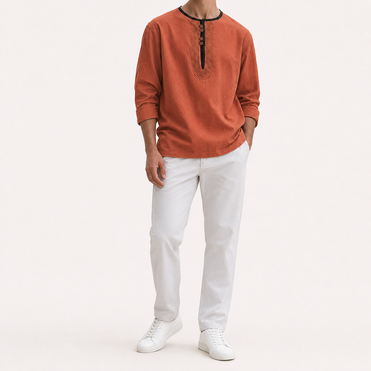 Men's warm terracotta contrast trim long sleeve Henley