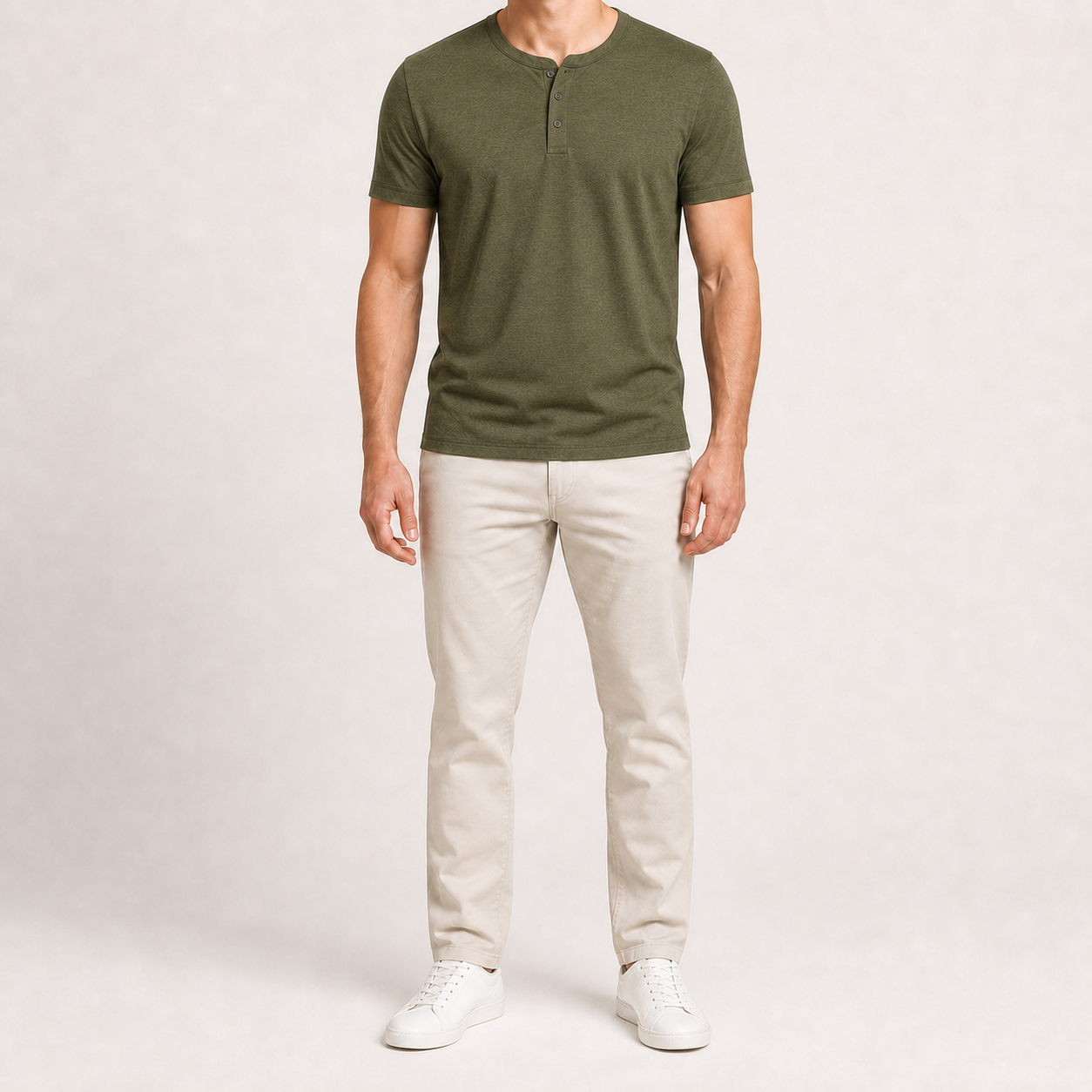 Men's olive short-sleeve three-button Henley shirt