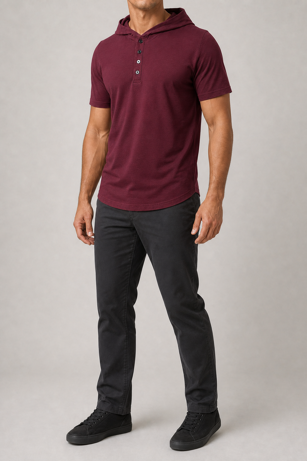 Men's burgundy short-sleeve hooded Henley