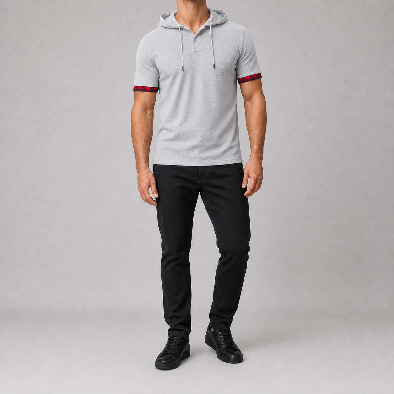 Men's hooded Henley shirt in light gray