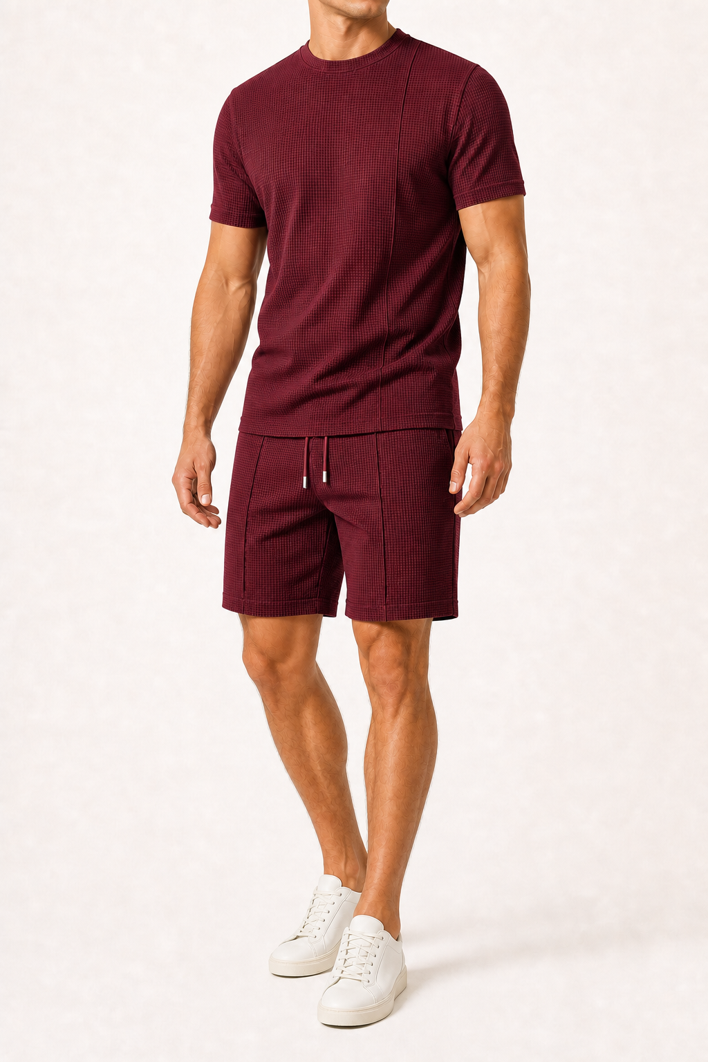 Men's waffle knit shirt and shorts set in burgundy