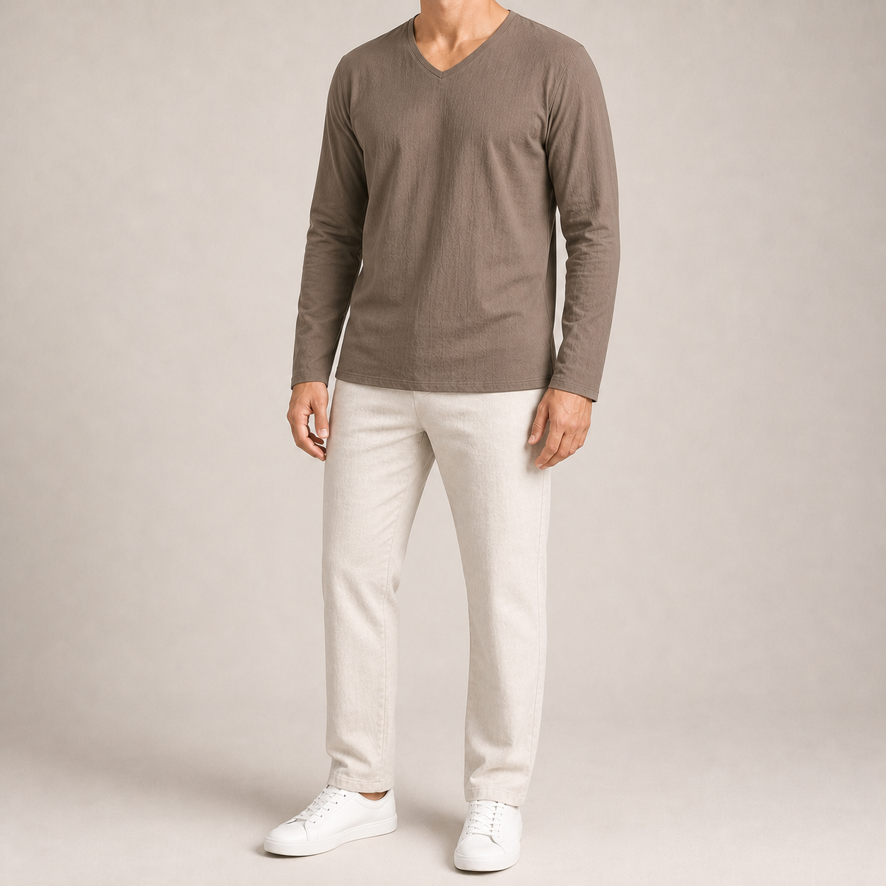 Men's warm taupe long-sleeve V-neck shirt