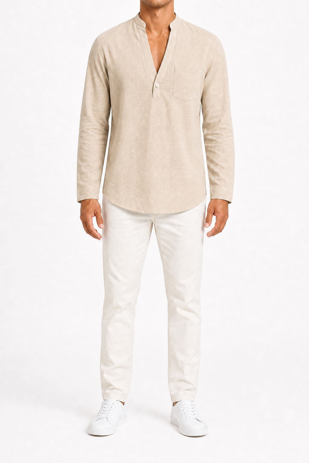 Men's sand beige long-sleeve split-neck shirt