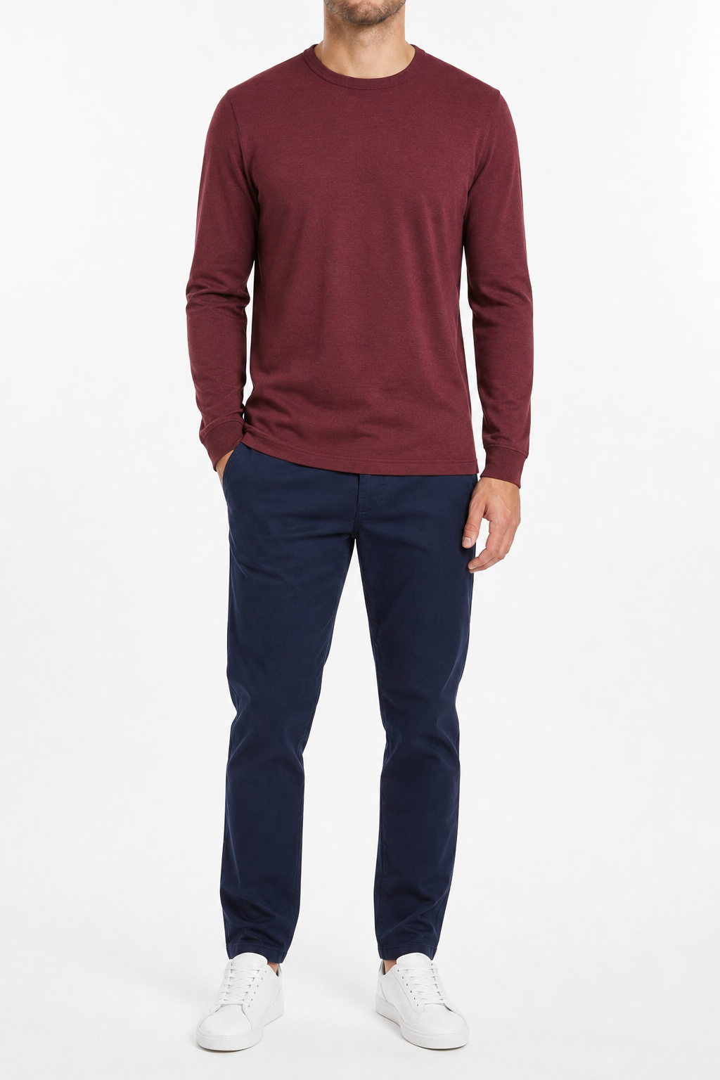 Burgundy men's long-sleeve crew-neck T-shirt