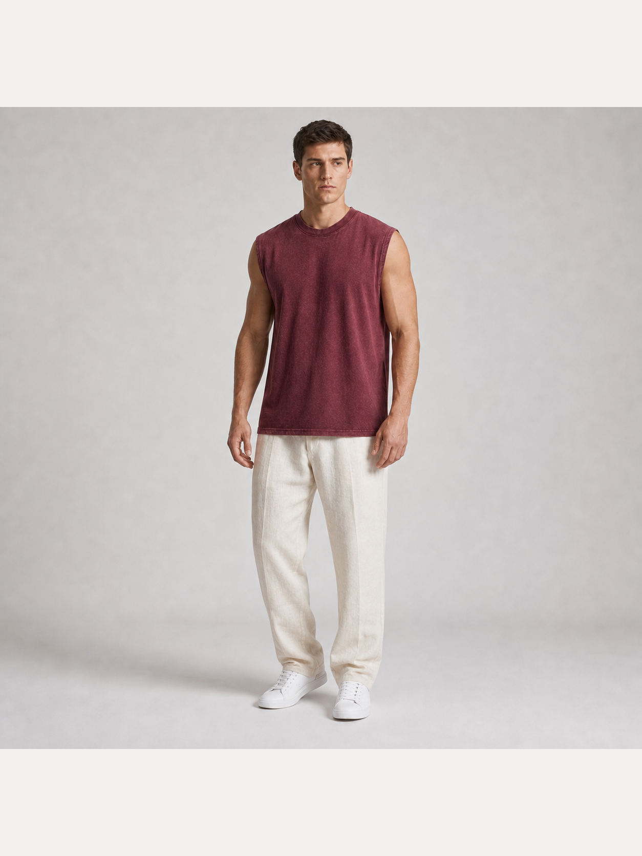 Men's washed sleeveless T-shirt in burgundy