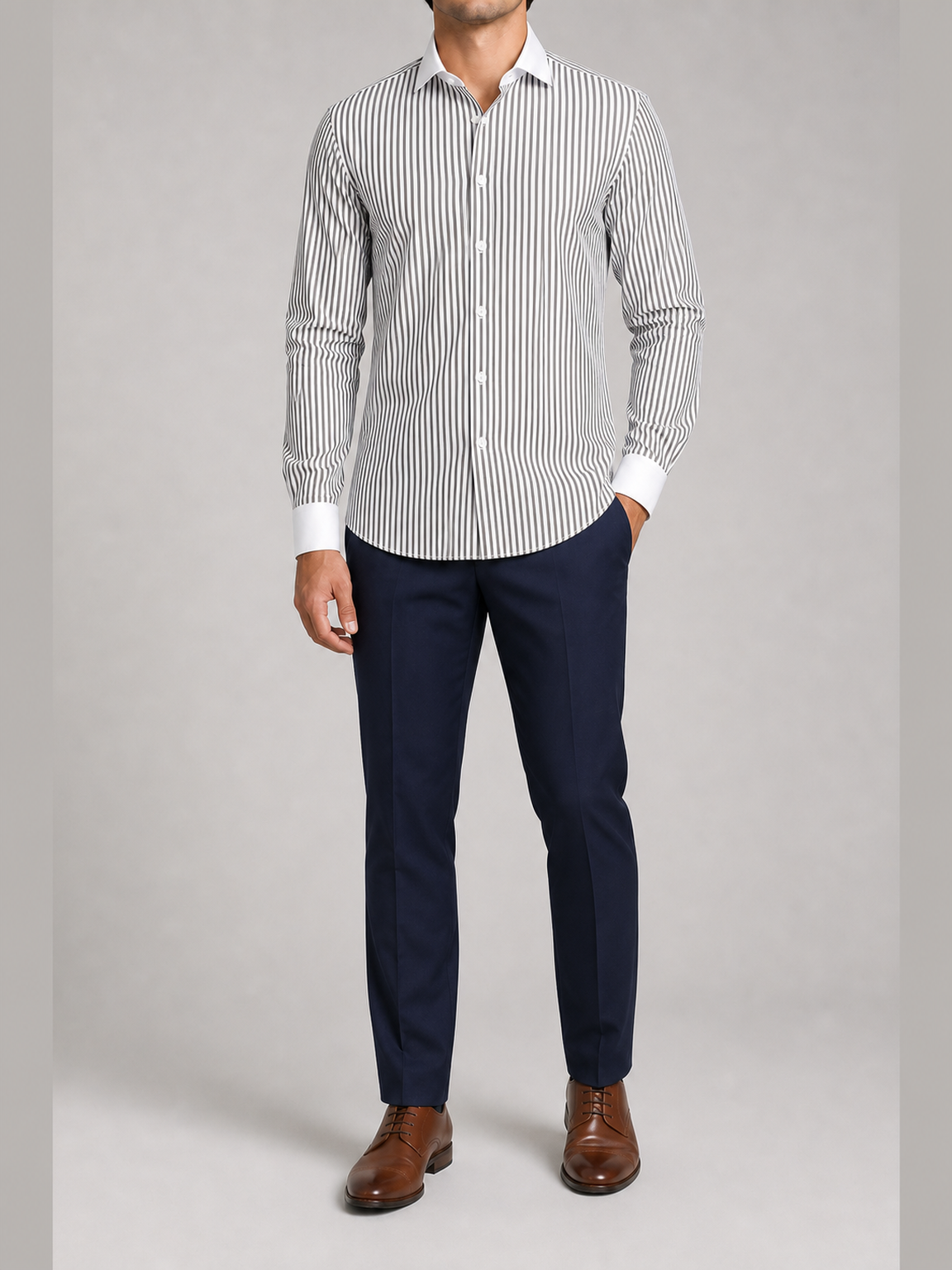 Men's charcoal vertical stripe contrast collar shirt