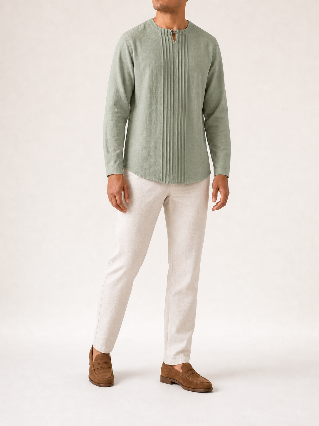 Men's sage green pintuck keyhole shirt