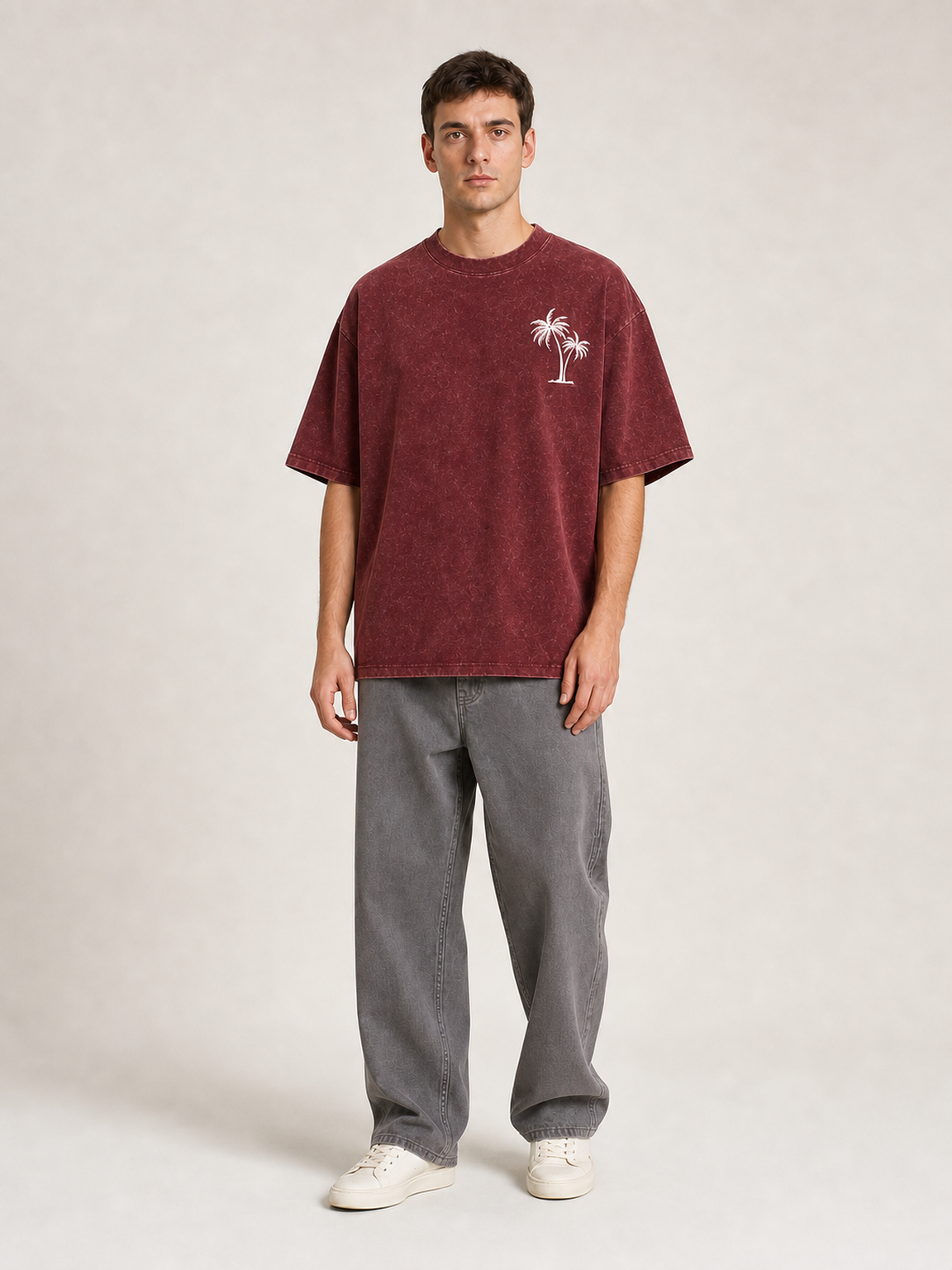 Men's washed burgundy palm graphic oversized T-shirt