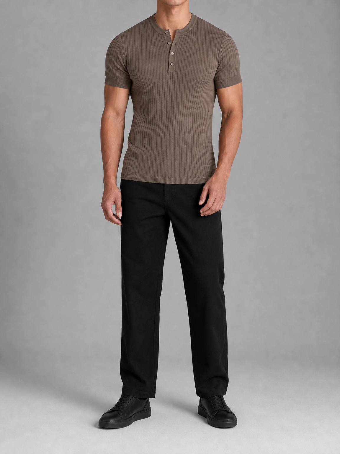 Men's warm taupe fitted rib-knit four-button Henley shirt